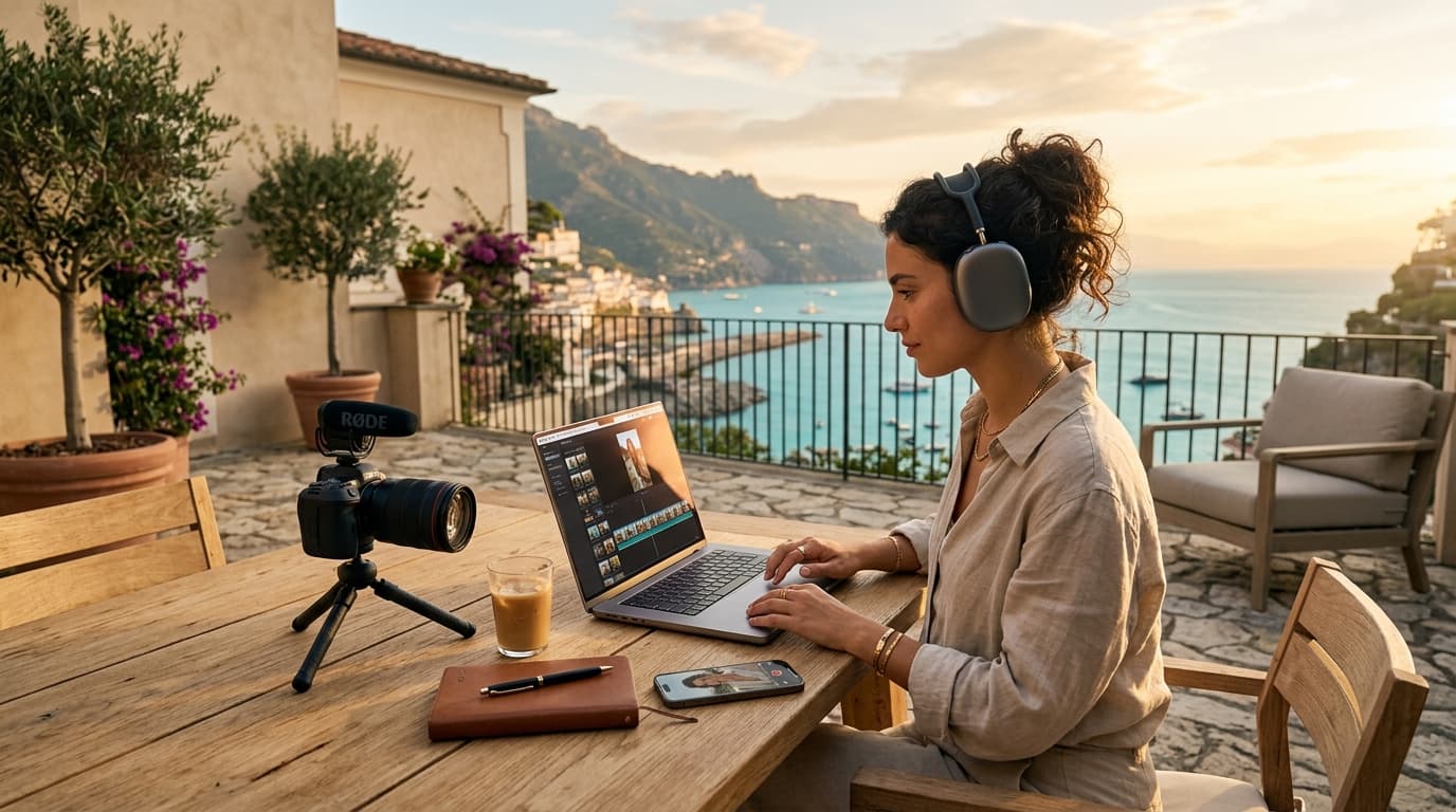 Creadora de contenido profesional trabajando desde una terraza en la costa de Amalfi con equipo de video y laptop